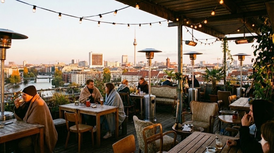 Berlin rooftop lounge at sunset